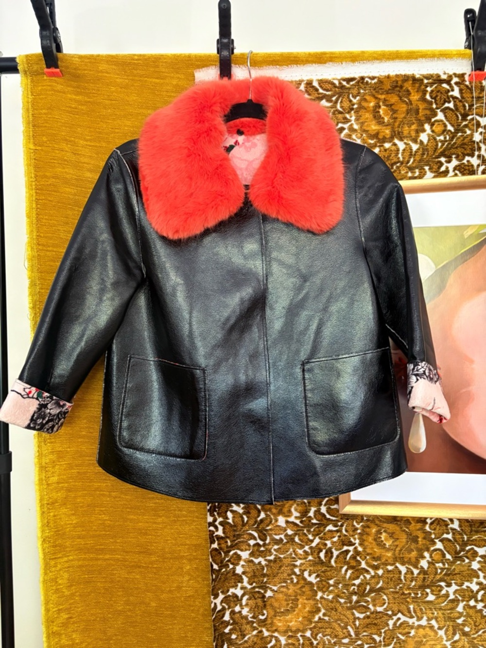 Rare Guess Reversible Floral & Faux  Leather, w/Bright Orange Detachable Collar